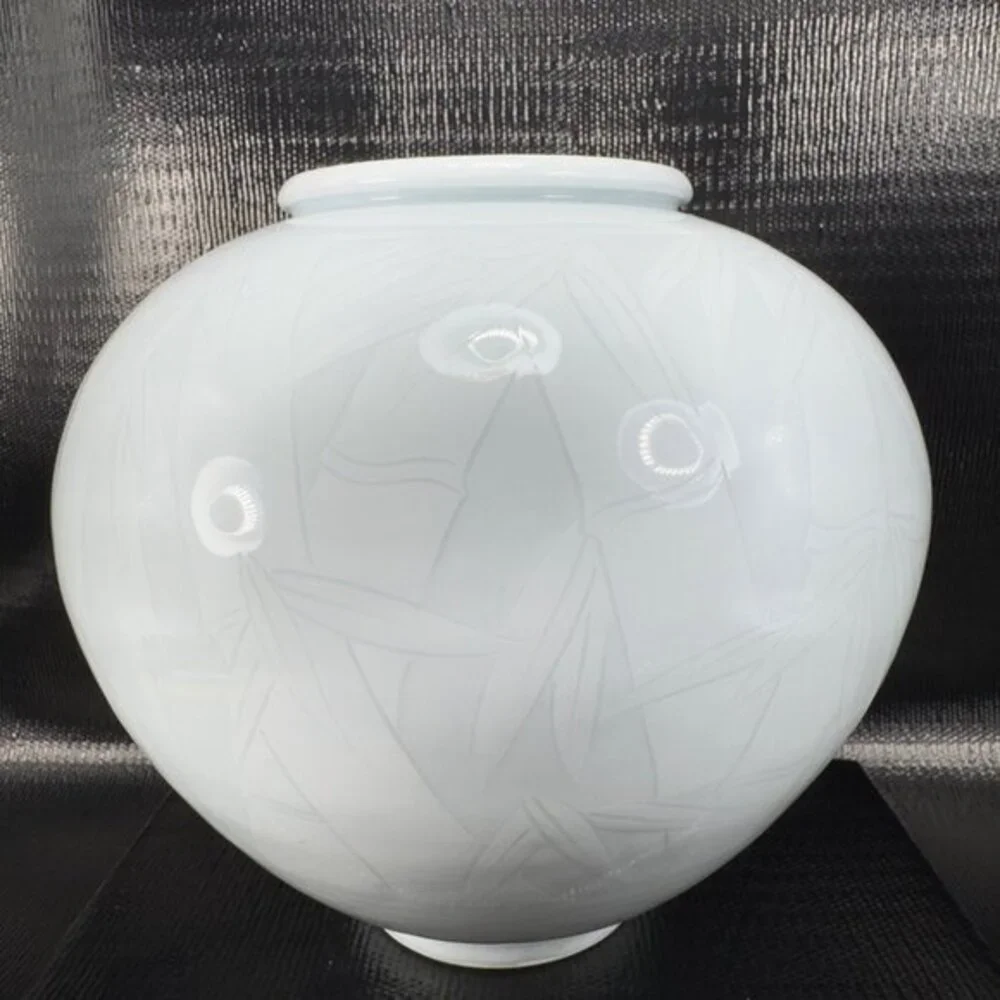Celadon Pottery Vessel Vase With Bamboo‎ Pattern Light Green Artist Signed Vase
